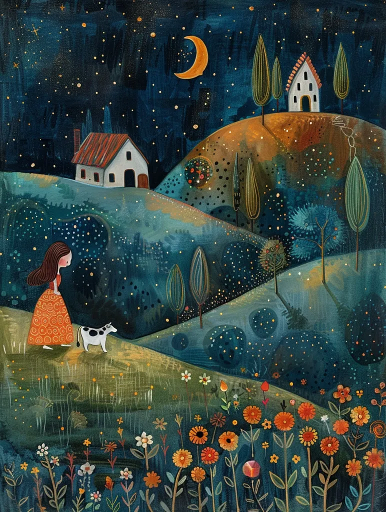 The painting depicts a whimsical nighttime scene with a crescent moon and a starry sky. A young girl in a long orange dress walks with a small white and black cow down a path lined with blooming flowers. Two houses with red roofs are nestled on distant hills, surrounded by trees and lush green foliage. The use of bright colors and stylized shapes creates a sense of magic and wonder.