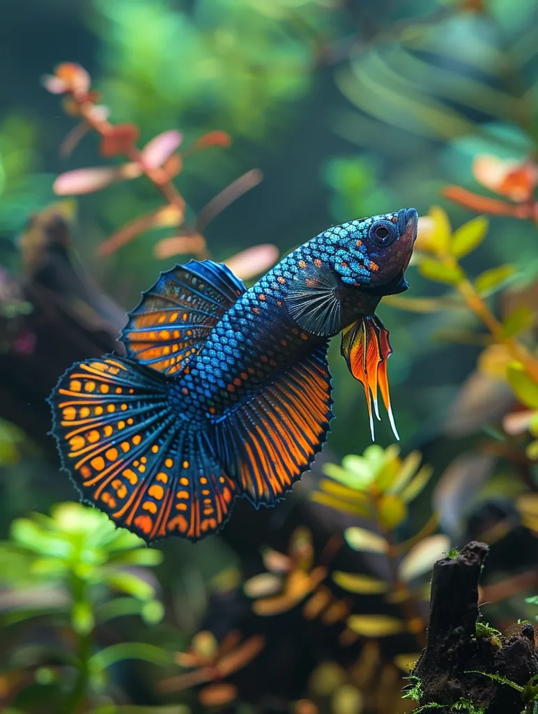 A vibrant blue and orange betta fish with striking orange and black spotted fins swims against a backdrop of green foliage. The fish's fins are spread wide, showcasing its intricate patterns. The image captures the beauty and grace of this exotic species in its natural environment.