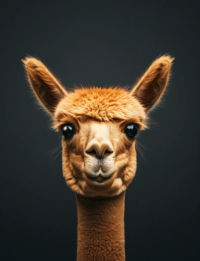 A close-up portrait of an alpaca with soft, brown fur. Its large, dark eyes are wide open and its mouth is slightly parted, giving it a curious and slightly surprised expression. The alpaca's long neck is visible, and its fur is particularly fluffy around the head. The background is a dark, solid color, making the alpaca's features stand out.