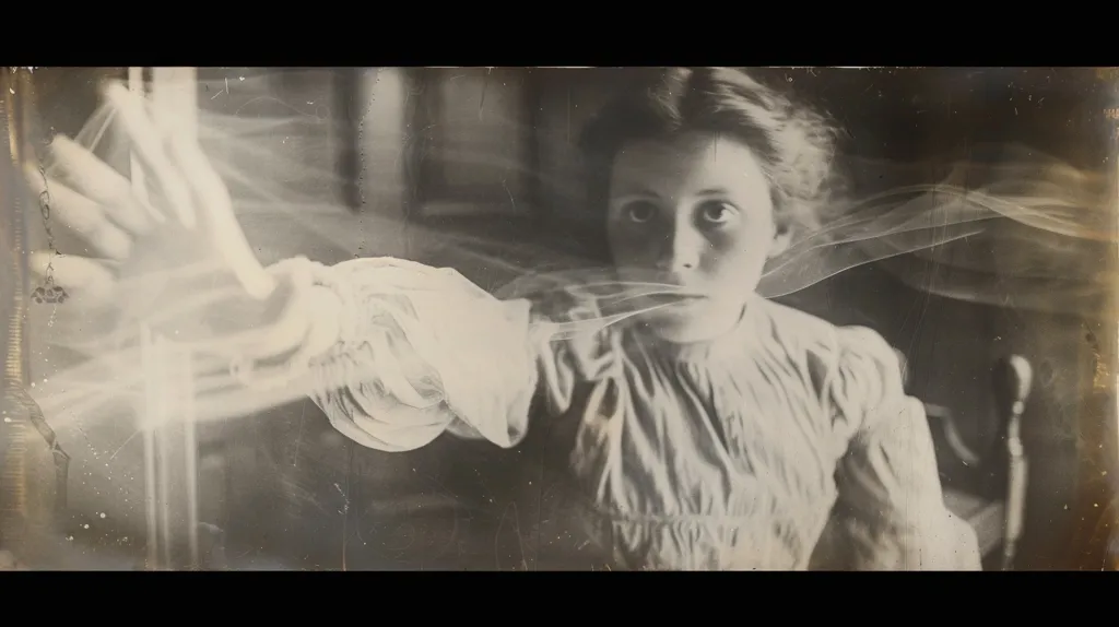 A young girl, possibly a child, poses for a photograph. She's dressed in a white dress with a sheer veil covering her head. The image is a bit blurry and has a faded, vintage look. Her expression is serious, and her eyes seem to stare directly at the camera. The background is dark and blurry, creating a mysterious atmosphere around the girl.  The image is framed with a worn, aged border, adding to its antique charm.