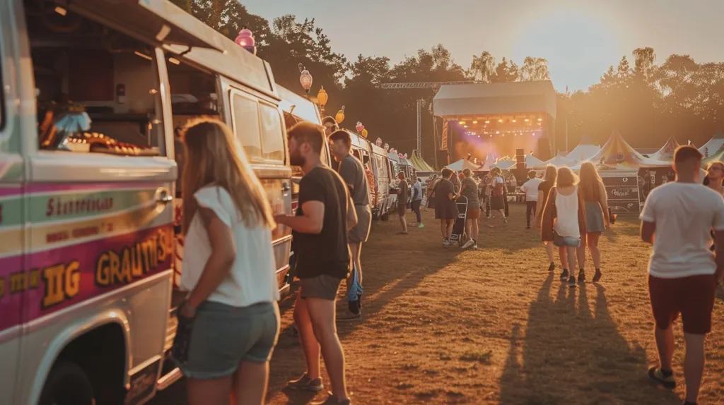 A food truck is parked in front of a stage, where a concert is about to begin. People are standing around the truck, waiting for food and drinks. The sun is setting behind the stage, casting a warm glow over the scene. In the distance, more people are milling about, enjoying the festival atmosphere.  The food truck has a colorful design and the words "Big Gravity" painted on the side.
