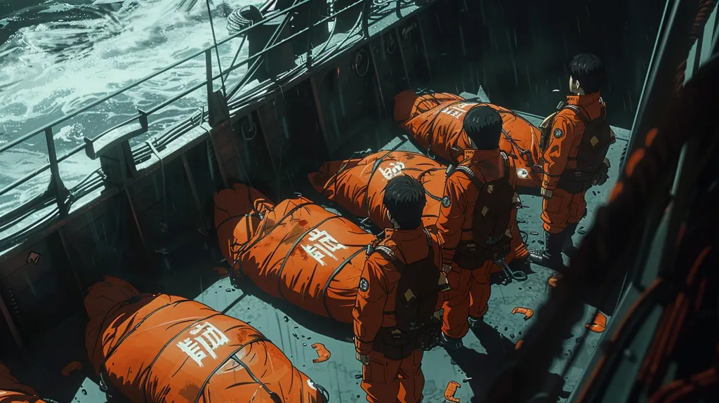 The image is a still from an anime film.  The scene takes place on a ship's deck, with choppy water in the background.  Four men in orange suits and helmets are huddled together in a small space, looking distressed. They are surrounded by orange life jackets with Japanese characters written on them. The image captures a moment of uncertainty and tension as the characters face a perilous situation. The dark and gritty aesthetic of the scene enhances the sense of danger and suspense.