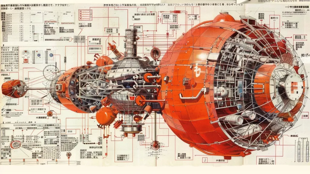 The image depicts a detailed diagram of a futuristic, red spaceship with a large, spherical section on the right. The ship is covered in intricate, interconnected systems and piping, with numerous labels and annotations in Japanese. The image likely represents a scientific or engineering concept related to space exploration or advanced technology. The complexity of the design suggests a highly advanced and sophisticated spacecraft.