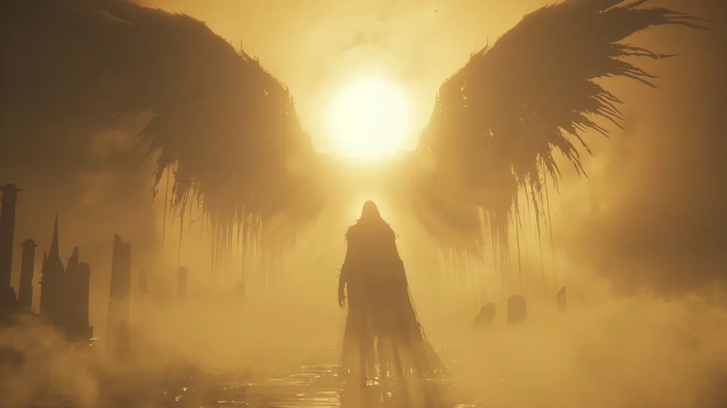 A lone figure stands silhouetted against a blindingly bright sun, framed by enormous, shadowy wings.  The world around them is obscured by swirling fog and mist, the silhouette of a cityscape looming in the distance.  The scene conveys a sense of mystery, isolation, and perhaps even divine presence.