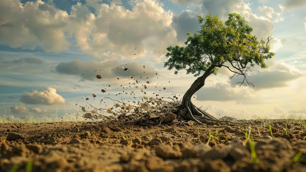 A lone tree with lush green leaves stands on a barren, dusty ground. Its roots are exposed, with soil and debris swirling around them. The sky above is a canvas of white clouds against a pale blue backdrop. The image evokes a sense of vulnerability and the fragility of nature.