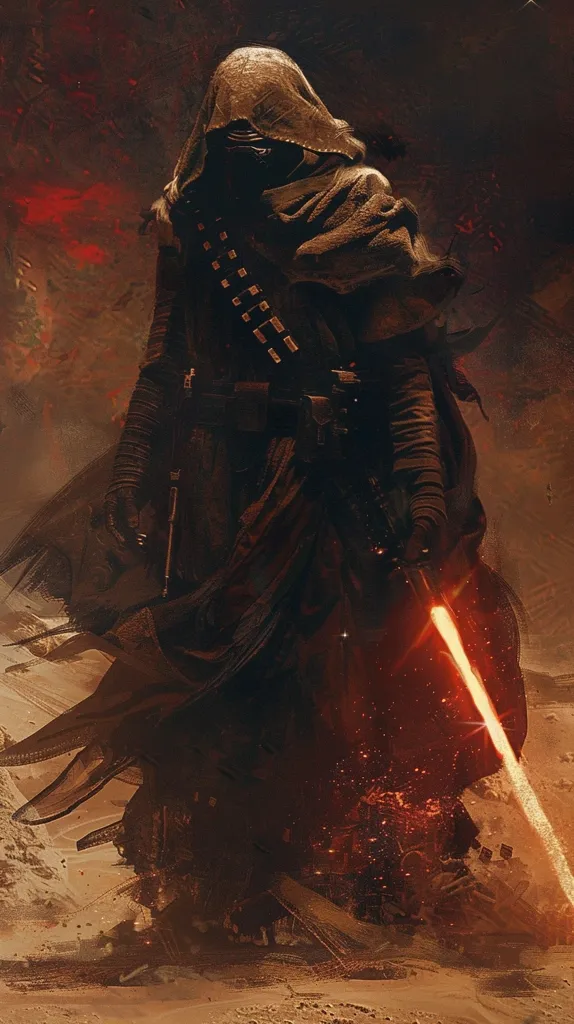 A cloaked figure, presumably Kylo Ren, stands in a desolate desert landscape with a red lightsaber ignited in his hand. The figure's face is obscured by a black mask, and their body is shrouded in a dark robe. The lightsaber casts a warm glow on the surrounding sand and rocks, creating a sense of mystery and power. The scene is reminiscent of a Star Wars battle, with the figure's stance suggesting impending action and conflict.
