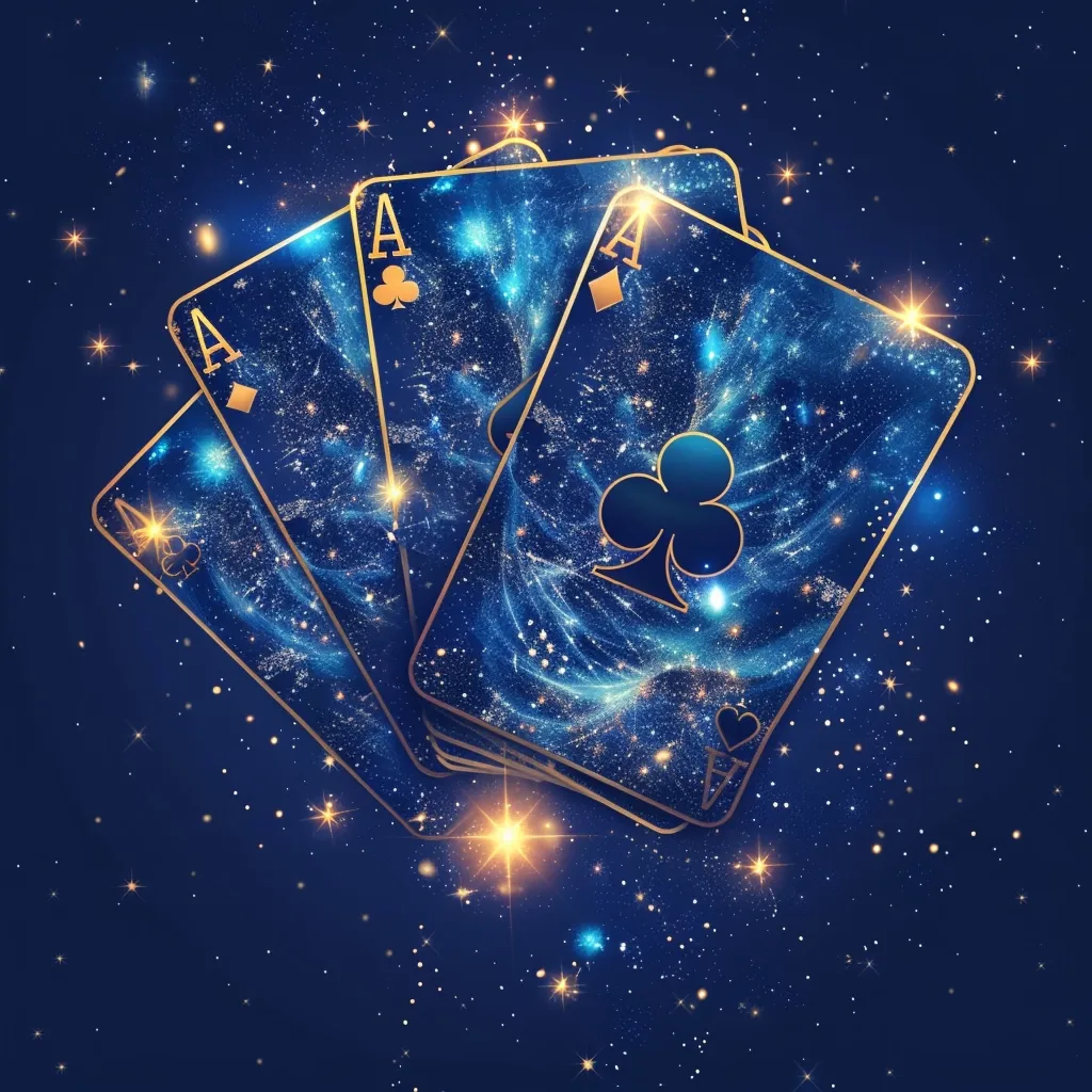 Four aces, each with a different suit, are arranged in a fan shape against a deep blue starry background. The cards are adorned with a swirling nebula pattern, creating a sense of cosmic wonder. Golden accents and sparkling lights enhance the celestial theme.