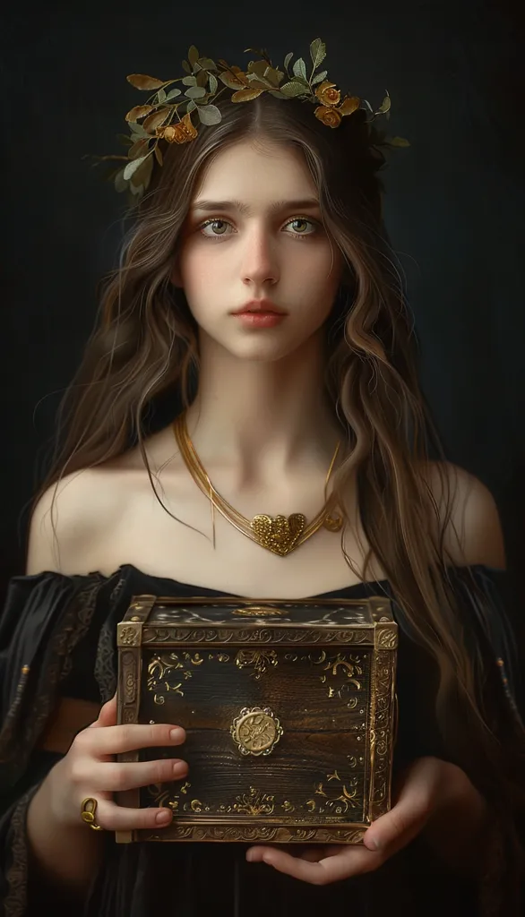 A young woman with long brown hair and a crown of leaves and flowers, wearing a black dress and gold jewelry, holds a small ornate wooden chest. She stares directly at the camera with a serious expression. The image has a dark and moody atmosphere. The lighting is soft and focused on the subject.
