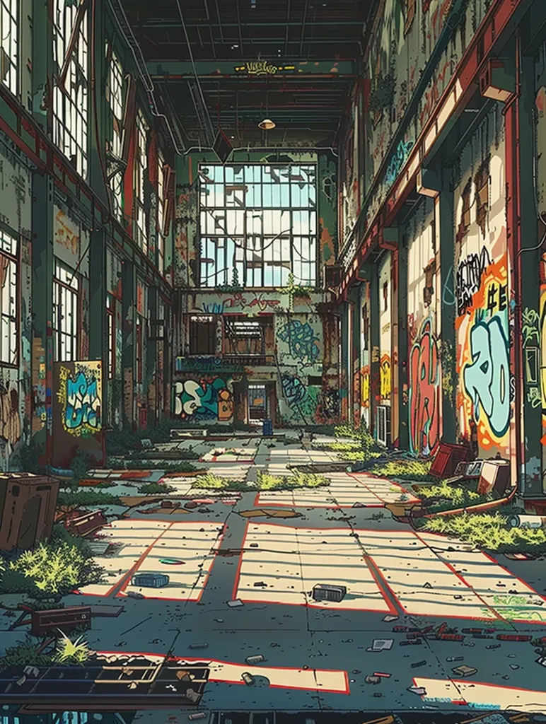 The image depicts an abandoned, industrial building. Sunlight streams through broken windows, illuminating the dusty floor and graffiti-covered walls. The once bustling space is now overgrown with weeds and littered with debris, creating a sense of decay and neglect. The overall atmosphere is one of solitude and forgotten grandeur.