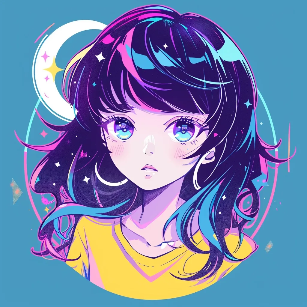 The image is a vibrant digital illustration of a young woman with long, dark blue hair with a streak of pink. Her eyes are large and blue, and she is wearing a yellow shirt. The background is a bright blue color with a crescent moon and stars.  She has a serious expression and her hair is flowing.  The style is very anime-inspired and uses a lot of bold colors.  The woman appears to be youthful and possibly a bit shy.  The overall image is stylish and energetic.