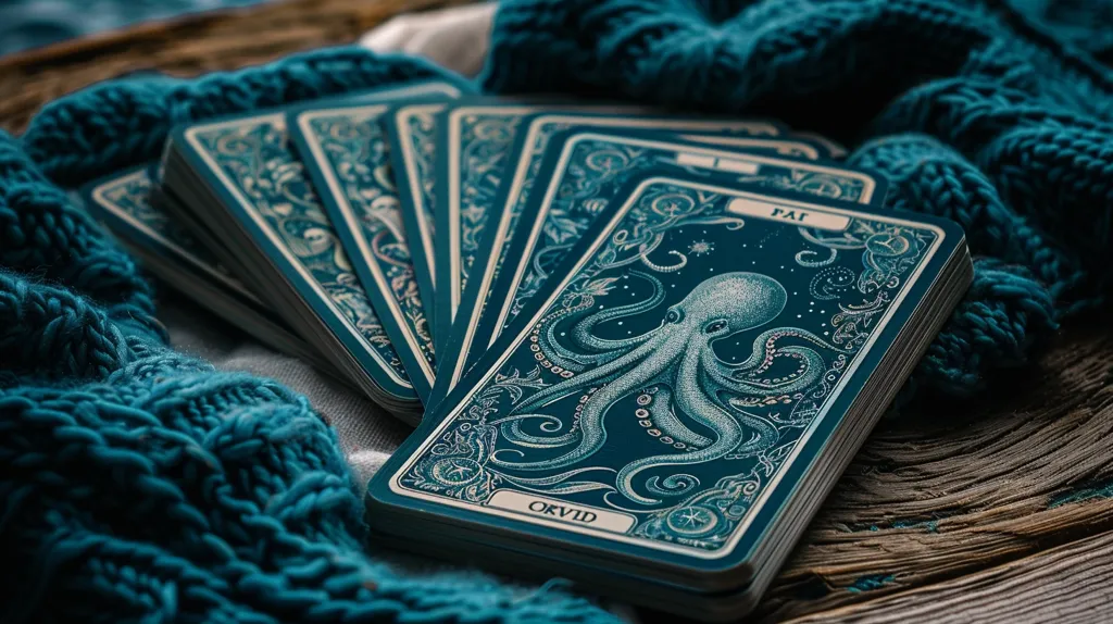 A deck of tarot cards with a blue, swirling pattern lies on a wooden table. The top card features an octopus with flowing tentacles against a starry background. A blue knitted fabric sits beside the cards, creating a harmonious and mysterious scene.