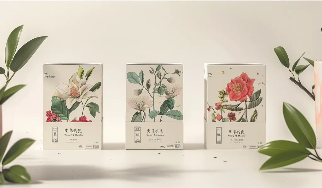 Three white boxes with floral designs. The boxes feature detailed illustrations of magnolia, camellia and other flowers,  accompanied by Chinese script and the word "Dreaming" on the top. The boxes are arranged in a row on a white surface with green leaves flanking the composition. The overall aesthetic is minimalist and elegant, evoking a sense of tranquility and natural beauty.