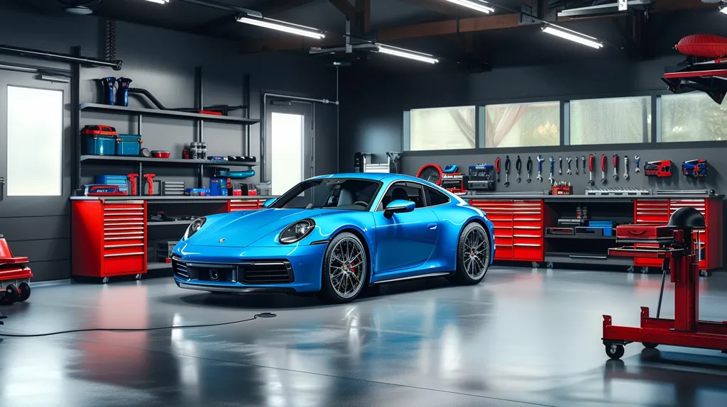 A bright blue Porsche 911 sits in a well-lit garage. Red tool cabinets line the walls, and a red lift with tools and an overhead light sits in the background. The garage is clean and spacious, with white light fixtures illuminating the space.  The car's sleek lines and shiny paint are reflected in the clean concrete floor.