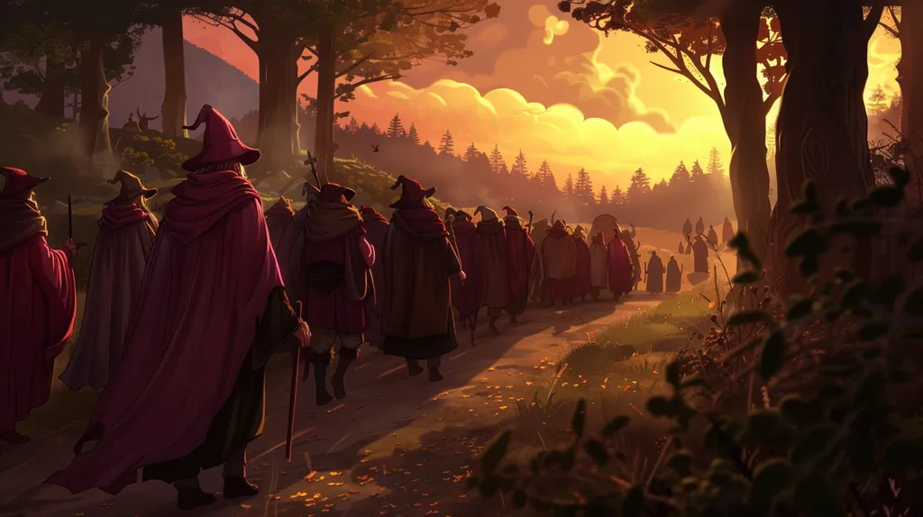 A long line of cloaked figures walks down a forest path. The sun is setting behind them, casting a warm golden glow over the scene. The figures are all wearing pointy hats and long cloaks, suggesting they are wizards or other magical beings. The path is lined with trees and shrubs. The image evokes a sense of mystery and adventure.