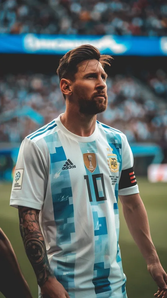 Lionel Messi, the Argentinian soccer player, is wearing a white and light blue jersey with the number 10 on the front. The jersey has a geometric pattern and the Adidas logo. The picture is taken from the waist up, with Messi looking to the right of the camera. The background is a blurry shot of a stadium crowd.  Messi is sporting a short beard and his left arm is visible with a tattoo.