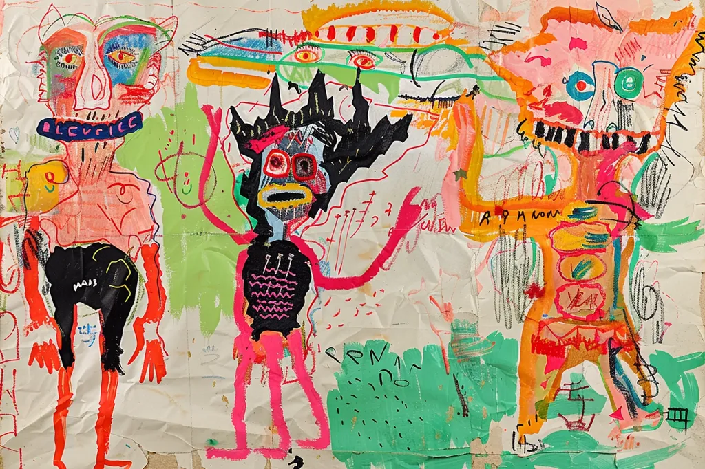 The image is an abstract drawing of three figures. The figures are drawn in a child-like style with bold lines and bright colors. The figures have exaggerated features and expressions. The drawing is filled with scribbles and doodles, suggesting a playful and energetic process. The overall style is whimsical and somewhat chaotic. The background is a mix of green, orange, pink, and yellow.