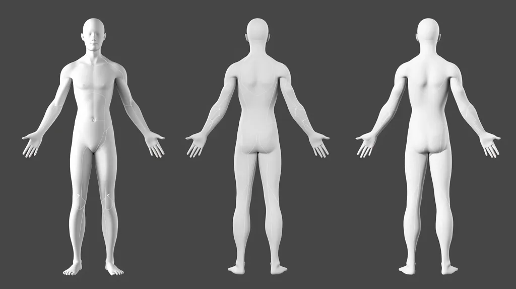 The image shows three white 3D models of a male figure in different poses. The first model is facing the viewer with arms outstretched, the second is standing with its back to the viewer, and the third is facing away from the viewer with arms outstretched. All three models are set against a dark grey background.
