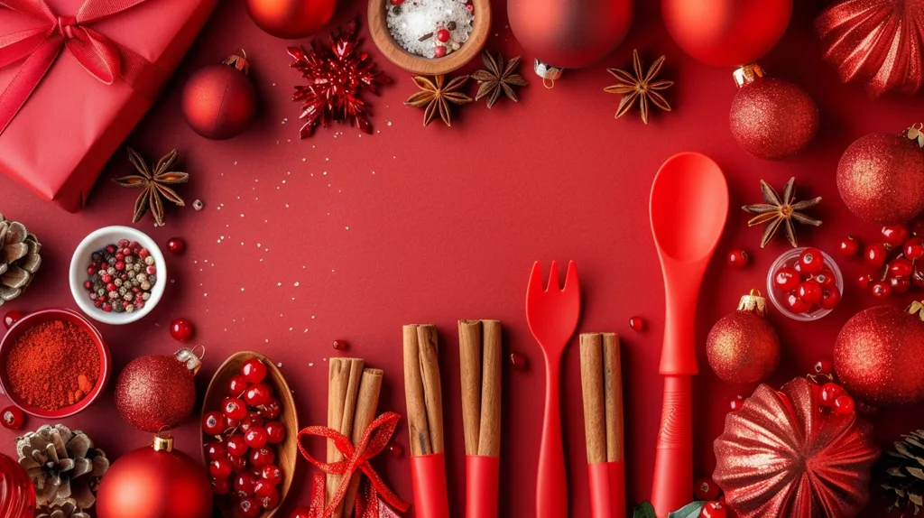 A red background is decorated with Christmas ornaments, cinnamon sticks, star anise, spices, and red kitchen utensils, creating a festive and warm atmosphere. The scene is full of red hues and textures, highlighting the joy and comfort of the holiday season.