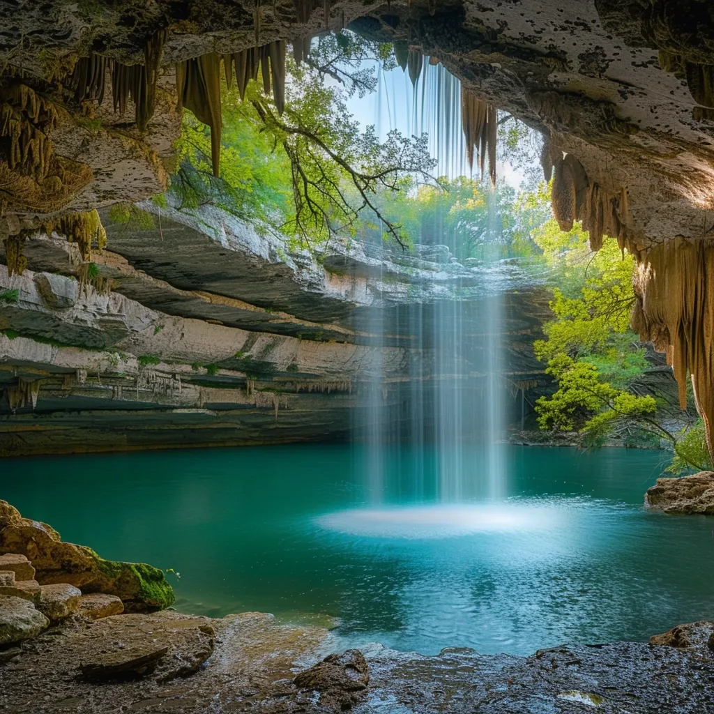 A hidden waterfall cascades into a tranquil turquoise pool, framed by the cavernous opening of a limestone cave. Stalactites hang from the ceiling, casting shadows on the smooth rock walls. Lush greenery surrounds the pool, adding a touch of vibrancy to the serene scene.  The sunlight filters through the opening, illuminating the water with a soft glow.  The image captures a hidden oasis of natural beauty, where the water whispers secrets of the earth.