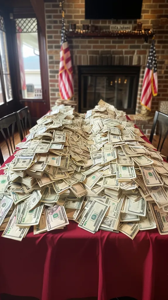 A large pile of US dollar bills sits on a red tablecloth in a room with a brick fireplace. Two American flags hang on the wall to the left and right of the fireplace. The room is decorated with rustic wooden furniture and features a large window overlooking a view of trees.