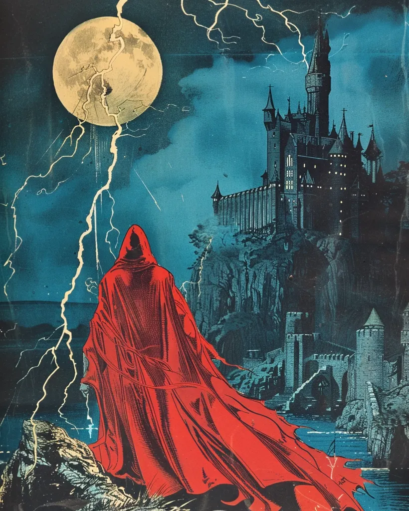 A figure cloaked in crimson red stands facing a grand castle, silhouetted against a stormy night sky. A large, pale moon hangs in the sky, casting a soft glow over the scene. The figure's back is turned, their hood concealing their face, and they seem to be observing the imposing structure. Bolts of lightning streak across the night, adding to the sense of mystery and drama.