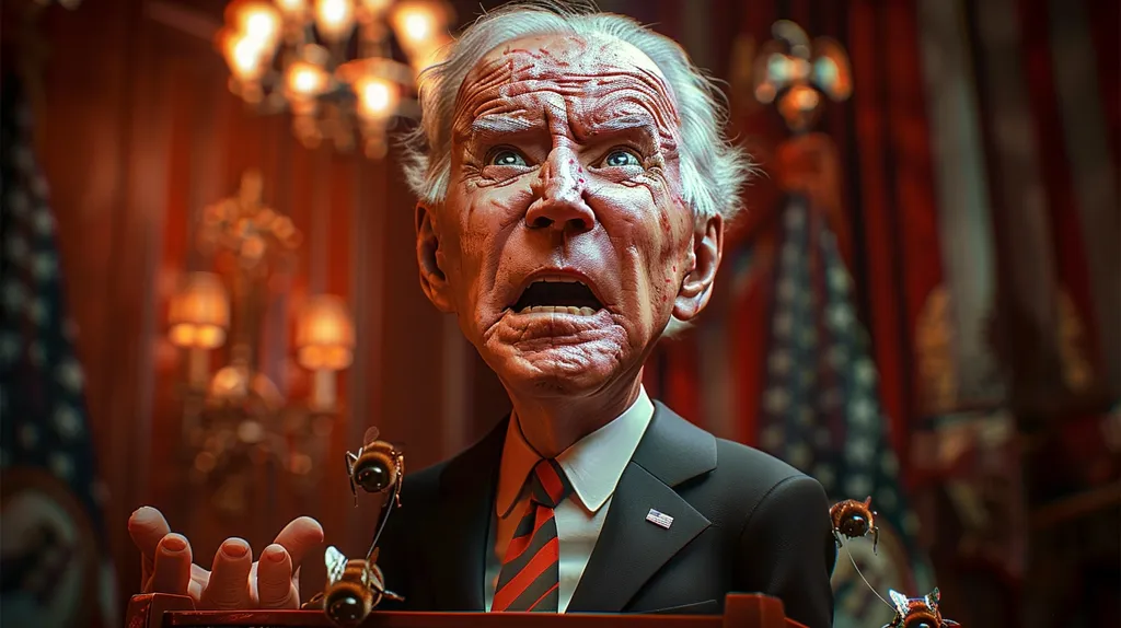 The image depicts a caricature of an older man with a startled expression, his mouth open wide in a yell. His head is disproportionately large compared to his body, which is dressed in a dark suit and a red and white striped tie. The man is surrounded by a swarm of bees, suggesting a chaotic or unsettling situation. The background features a blurry image of an American flag and dim lighting, adding to the sense of unease.