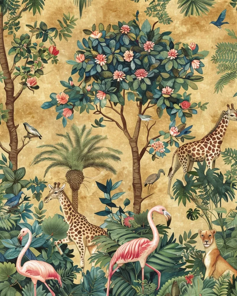 A vibrant jungle scene with lush greenery, pink flowers, and various animals. Two giraffes stand amongst the foliage, while a pink flamingo graces the foreground.  A lone lioness observes from the shadows, and a flock of small blue birds flit through the branches.  The scene is set against a warm, golden background.