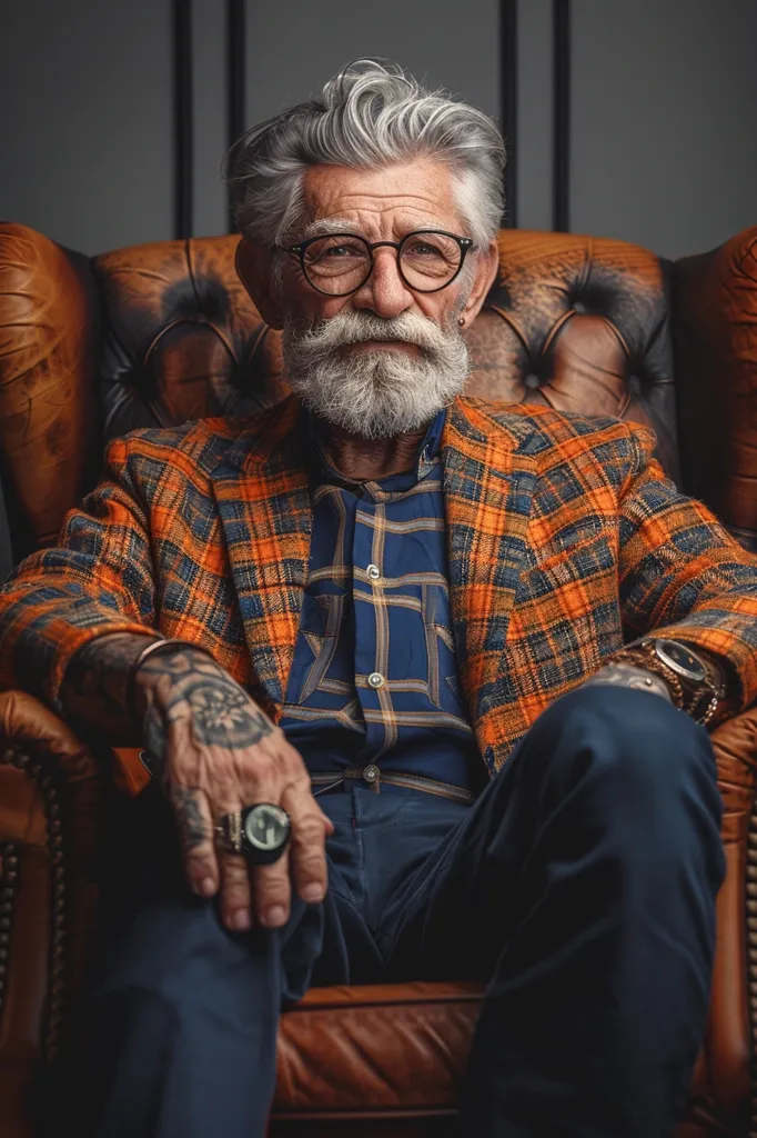 An older man with a long white beard and gray hair sits in a leather armchair. He is wearing a plaid orange jacket over a blue button-down shirt. He has glasses on his face, a watch on his wrist, and tattoos on his hand. He looks directly at the camera with a serious expression.