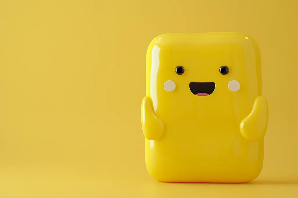 A bright yellow, cartoon-like character stands on a matching yellow background. It has a wide, happy smile, small black eyes, and white cheeks. The character's arms are outstretched and rounded. The overall image conveys a feeling of joy and playful energy.