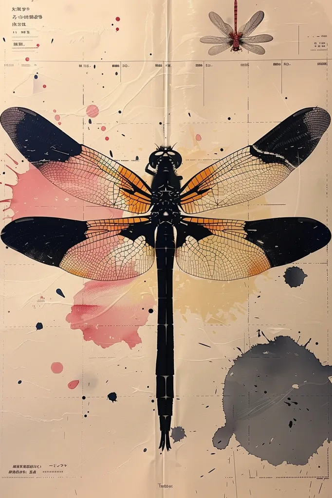 The image is a close-up of a dragonfly with black and orange wings. The dragonfly is centered on the page and is surrounded by watercolor splashes in shades of pink, gray, and yellow. The background is a light beige and features a grid pattern that resembles an old scientific chart.  The title, "Dragonfly" is written at the bottom of the page, further emphasizing the subject of the image.  The image evokes a sense of scientific observation and artistic expression.