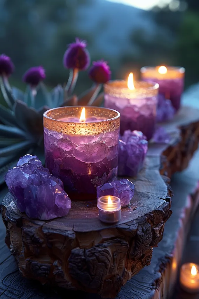 A rustic wooden stump is adorned with lit purple candles and amethyst crystals. The candles create a warm glow, reflecting off the surrounding purple hues. A blurred background suggests an outdoor setting, adding a sense of tranquility and natural beauty. The image evokes a feeling of peace and serenity.