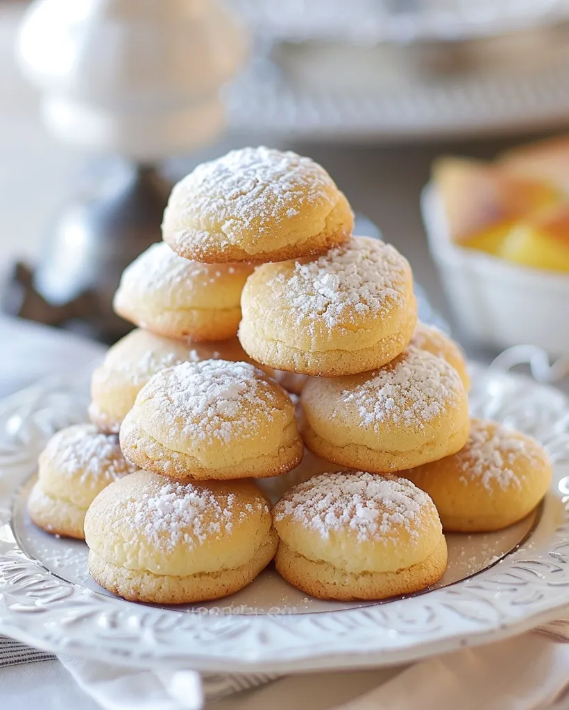 A stack of nine golden cookies, dusted with powdered sugar, sits on a white plate with an ornate design. The cookies are arranged in a pyramid shape, with the largest cookie at the top. The cookies are soft and fluffy, and the powdered sugar gives them a delicate, airy appearance. The plate is set on a white napkin, and the background is blurred.