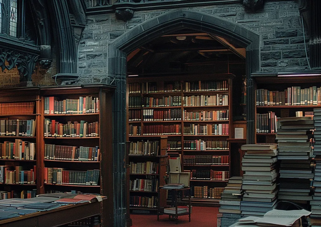 The image shows a dimly lit library with towering bookshelves filled with bound volumes.  A stone archway frames a central section of the room, and a stack of books leans against the wall, creating a sense of history and knowledge. The wooden shelves and dark stone architecture add to the library's impressive and slightly mysterious atmosphere.