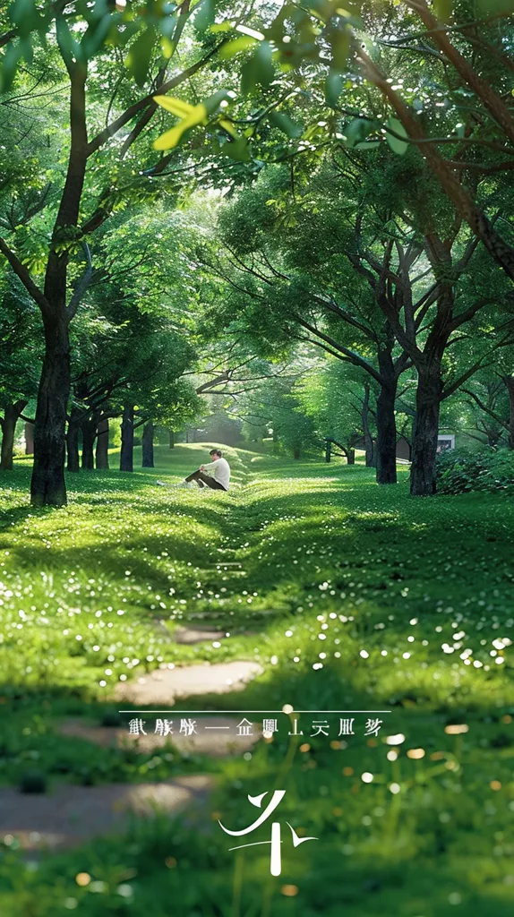 A lone figure sits in a lush green forest, surrounded by tall trees and dappled sunlight. The path leads through the woods, creating a peaceful and serene atmosphere. The image evokes a sense of tranquility and escape from the hustle and bustle of everyday life.