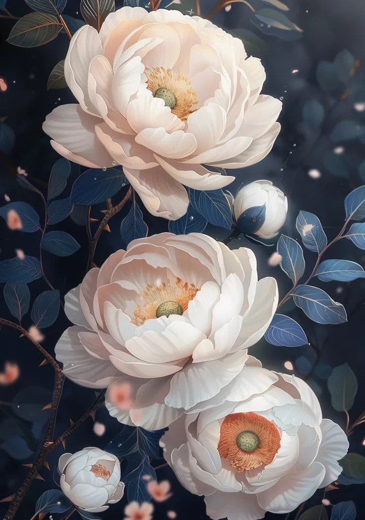 A close-up of three delicate white peonies, their petals unfurling to reveal golden centers. They are nestled amongst lush green leaves on a deep blue background, creating a dramatic contrast. The image is bathed in a soft light, highlighting the flowers' beauty and ethereal nature.