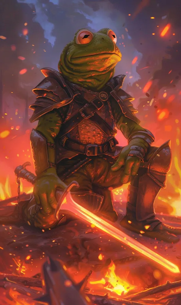A green frog wearing armor and holding a glowing red sword sits amongst burning embers. The frog has a serious expression and is ready for battle. The scene is full of fire and sparks, creating a dramatic and intense atmosphere.  The image is likely from a fantasy or video game setting.