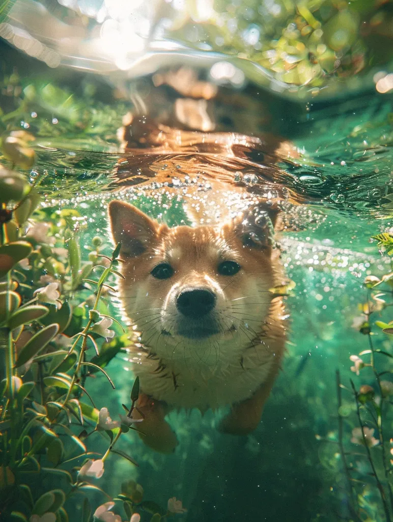 A Shiba Inu dog swims underwater, its face emerging from the water with a gentle smile.  The water is clear, with sunbeams filtering through the surface.  Green foliage and white flowers surround the dog, creating a serene and peaceful scene.  The dog appears to be enjoying its swim, creating a playful and heartwarming image.
