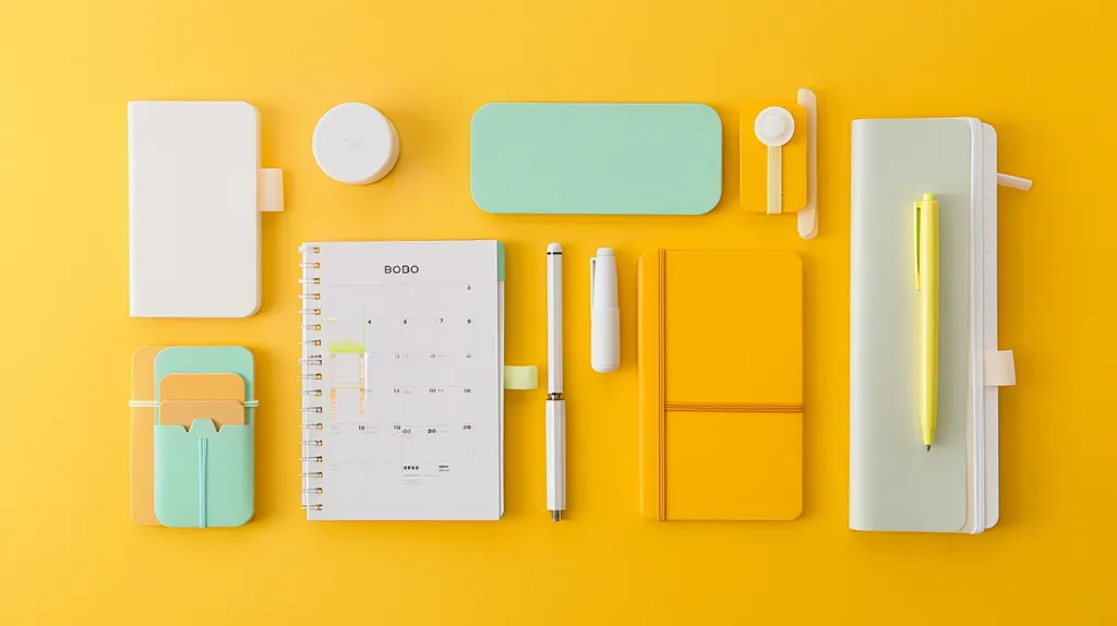 A flat lay of various stationery items on a yellow background. There are two notebooks, a calendar, a pen, a highlighter, a small container, and a phone case. The items are arranged in a symmetrical pattern.  The image evokes a sense of organization and productivity.
