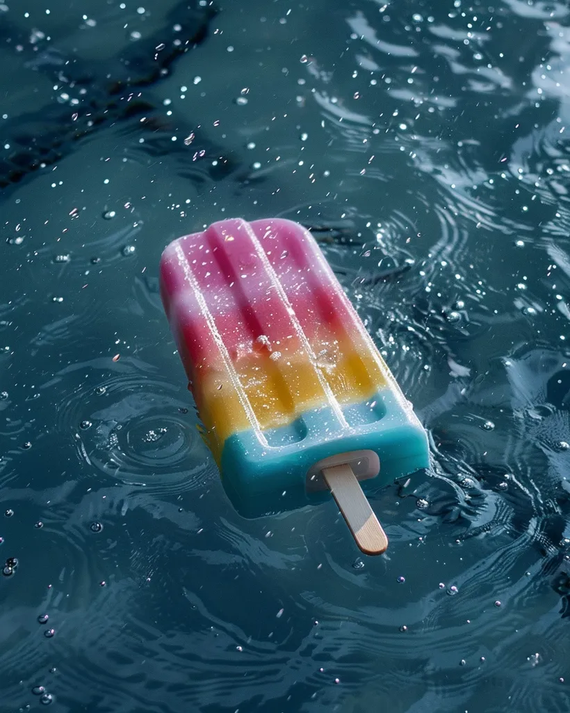A bright pink, yellow, and blue popsicle with a wooden stick floats on top of blue water. The popsicle is partially submerged in the water, with ripples and bubbles surrounding it. The water has a rippling effect, and the light reflects off the surface. The image captures a refreshing and summery scene.