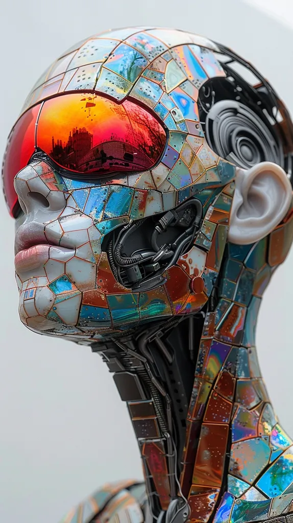 The image shows a close-up of a futuristic robot's head. Its skin is made of metallic, iridescent tiles, forming a mosaic pattern. The robot has a pair of bright red goggles, a visible internal structure, and a human-like ear.  The background is a blurred white. The image evokes a sense of both beauty and machine-like intricacy.