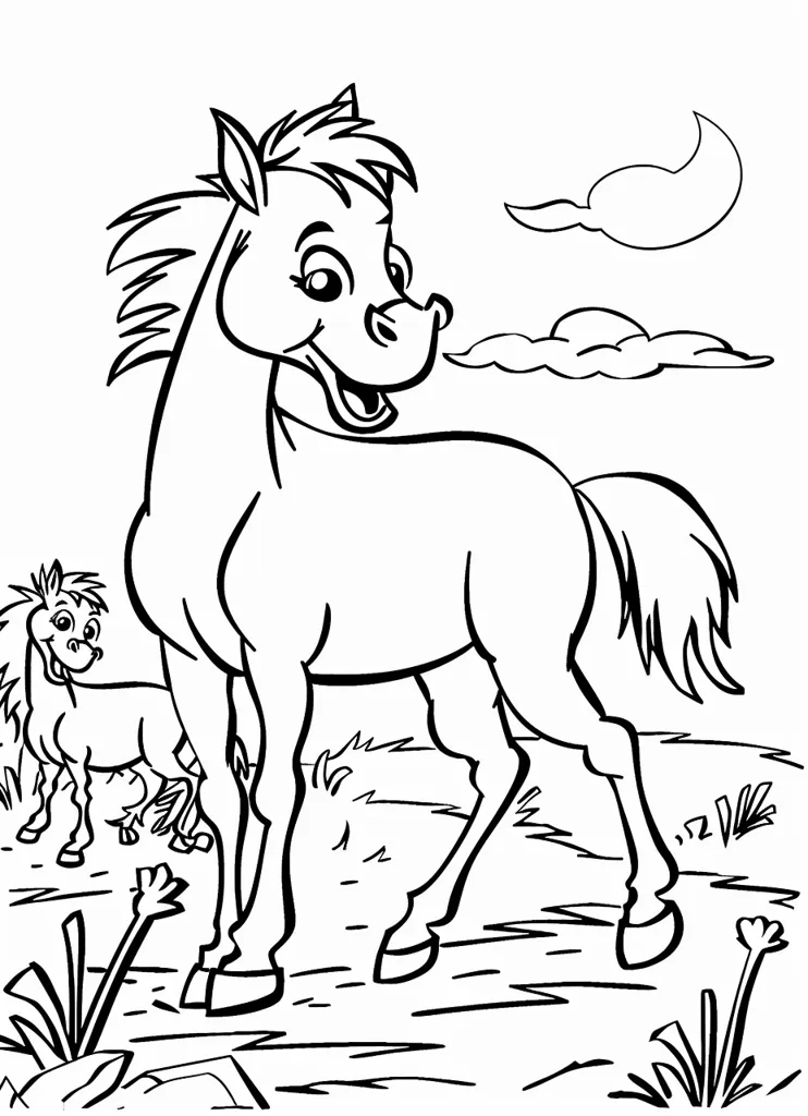 A cartoon horse stands in a field of grass, smiling with its mouth open, as a crescent moon and clouds float in the sky. The horse's tail is flowing behind it, and a smaller horse is standing to the left of the main horse. The drawing is in black and white.