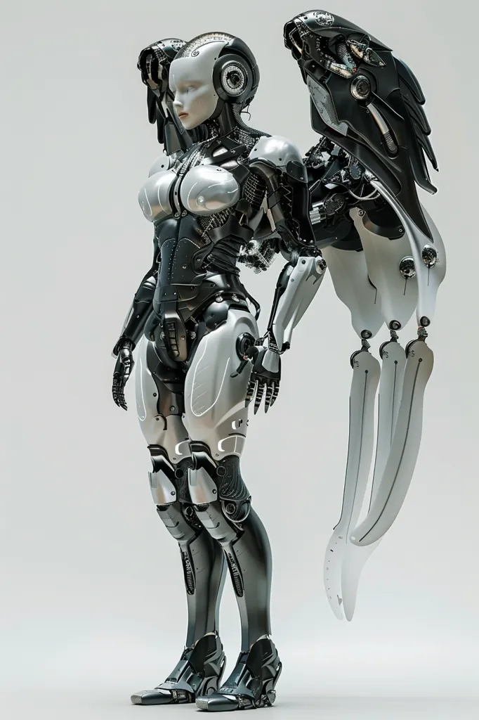 A female robot with a sleek, metallic body stands against a white backdrop. Her black and silver armor is intricately detailed, and she has a pair of large, mechanical wings that fold down behind her. Her face is humanoid, but with an almost alien quality. She looks ready for battle or exploration, her stance assertive and powerful.