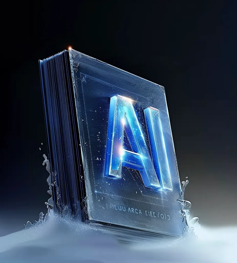 A futuristic, glassy, 3D rendering of the letters "AI," with a blue glow, sits on a block of stacked glass panels, partially submerged in a swirling, white mist. The letters are surrounded by a faint, grid-like pattern. A tagline, "EXLUU ARCA EIEV101C" is visible beneath the letters, adding a sense of mystery and intrigue. The image evokes a sense of advanced technology and artificial intelligence.