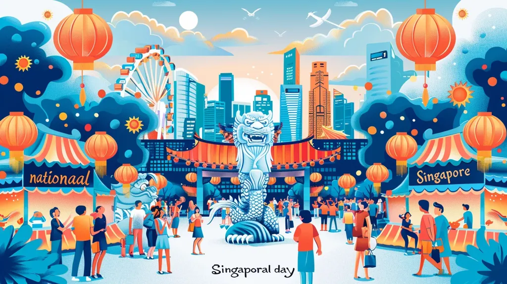 The image is a vibrant depiction of Singapore's National Day celebrations. It features a bustling street scene with people, food stalls, and festive decorations. The Merlion statue stands proudly in the center, with a Ferris wheel and skyscrapers forming the backdrop.  Red lanterns and colorful flags add to the celebratory mood, while the phrase "Singaporal Day" is written at the bottom, suggesting a unique and joyous event.