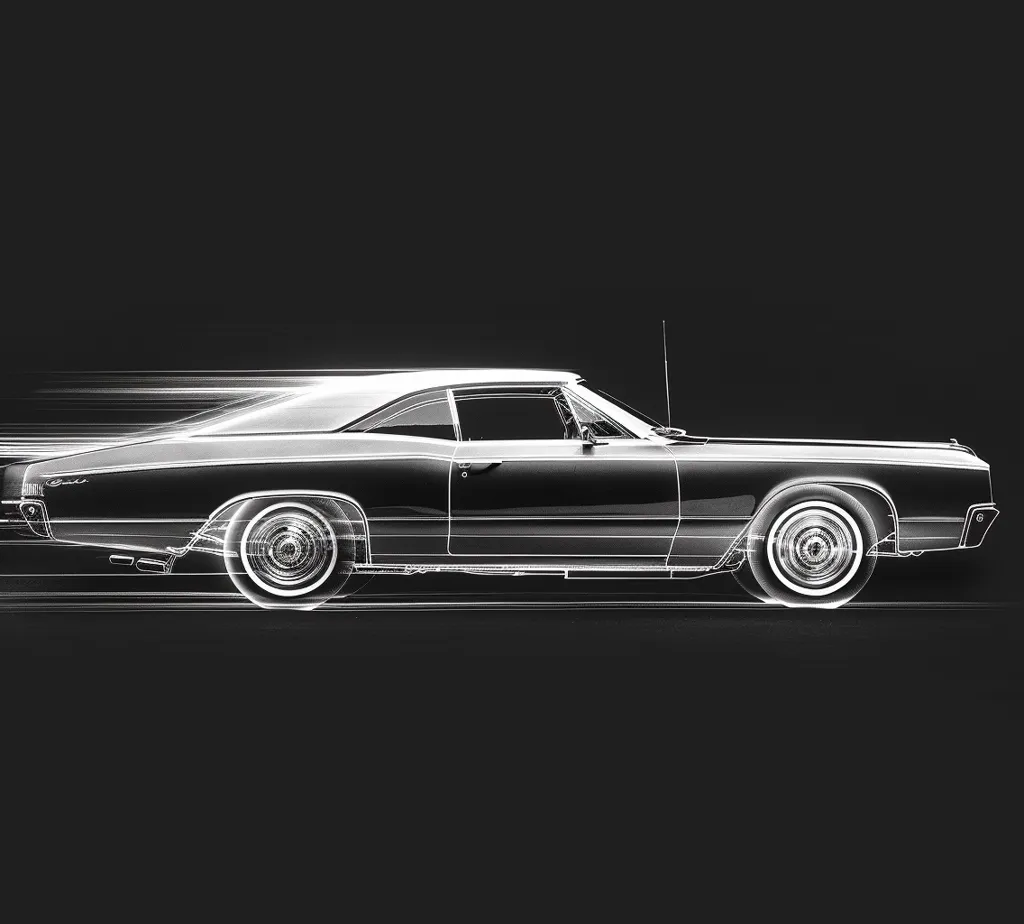 A black and white image of a classic car, rendered as a wireframe outline. The car is in motion, with lines of speed trailing behind it. The background is a dark gray, providing a stark contrast to the car. The image evokes a sense of nostalgia and the allure of classic automobiles.