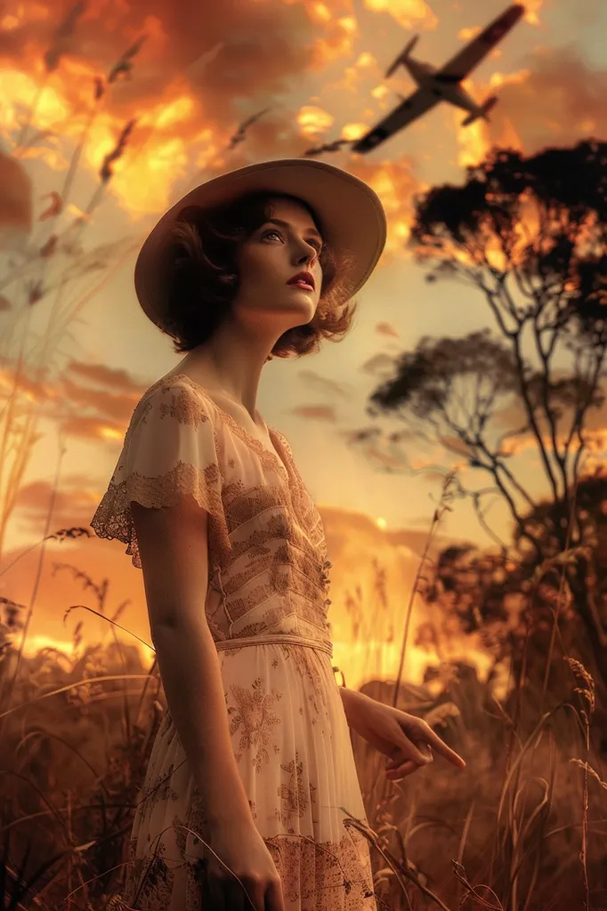 A young woman in a white dress and a wide-brimmed hat stands in a field of tall grass, her gaze directed upwards towards a small airplane flying overhead against a fiery sunset sky. The scene is bathed in a warm, nostalgic glow, suggesting a moment of quiet contemplation or anticipation. The image evokes a sense of freedom, wonder, and perhaps a hint of longing.