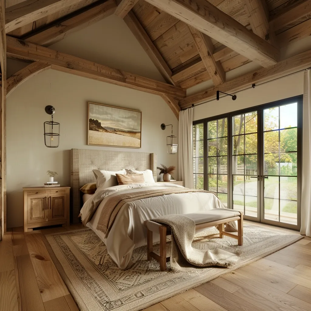 A bedroom with a rustic aesthetic features a large bed with a white duvet and brown throw, a wooden nightstand, and a bench at the foot of the bed. The room has a high vaulted ceiling with exposed wooden beams and large windows overlooking a lush green landscape.  The overall feel is cozy and inviting, with warm tones and natural materials.  A framed landscape painting adds a touch of elegance to the space.
