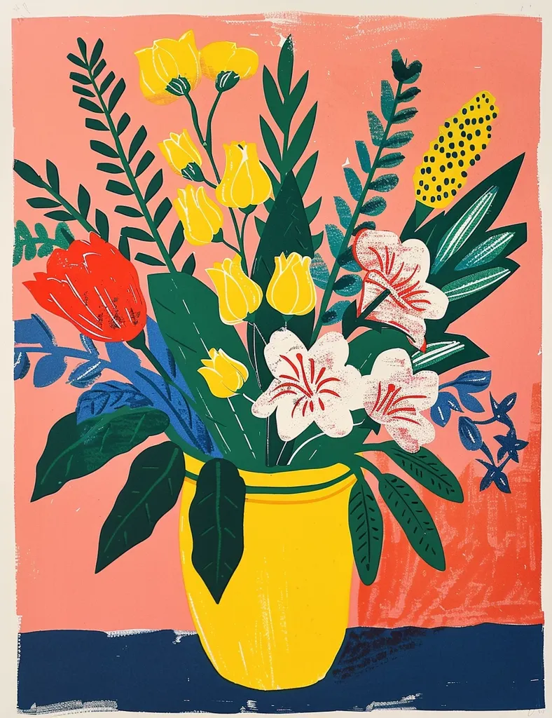 A vibrant floral arrangement in a yellow vase, featuring bold colors and stylized forms. Yellow, red, and white flowers bloom against a pink background, with lush green leaves adding depth. The artwork uses a graphic, illustrative style. The vase sits on a blue surface, with a pink and red textured background creating a dynamic composition.