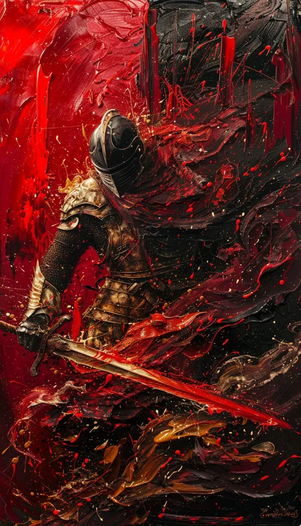 The image is a painting of a knight in black armor wielding a sword. The knight is surrounded by a swirling vortex of red, black, and gold paint. The overall feeling is one of chaos and power. The painting is likely abstract, and it is difficult to tell what specific scene it is meant to depict. The style of the painting is similar to the work of abstract expressionist painters. The painting is a vibrant and visually striking piece of art.