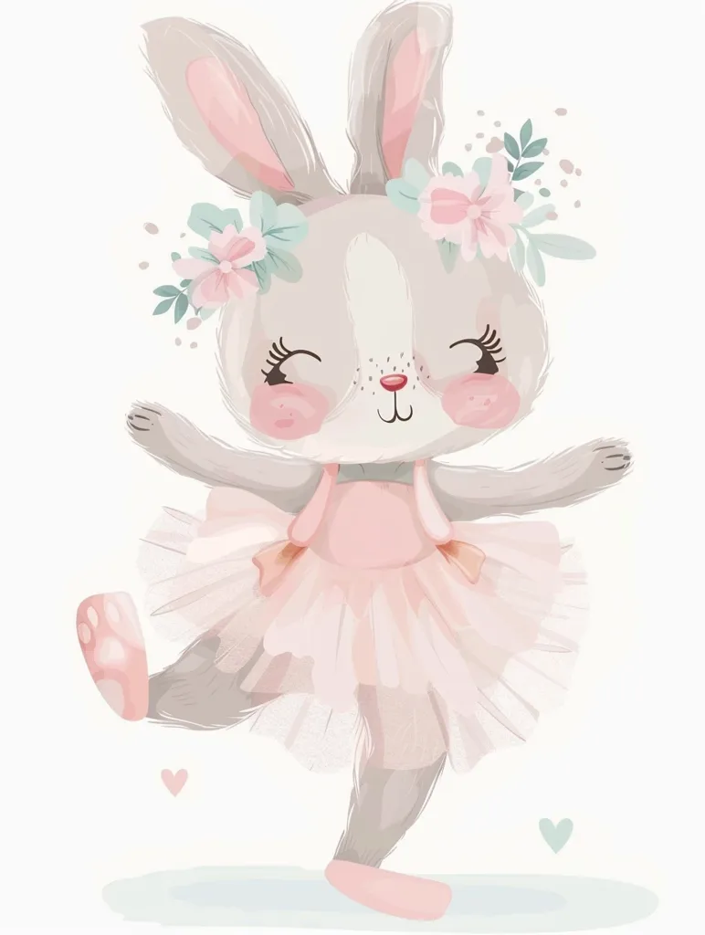 A cute grey bunny with long ears, pink cheeks, and a sweet smile is dressed in a pink tutu and a flower crown. She is balancing on one foot, as if she is a ballerina. The image is set against a white background with delicate pink and blue hearts scattered around. It is a whimsical and charming illustration that would be perfect for a child's room or nursery.